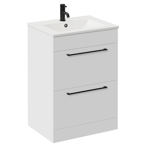 Napoli Gloss White 600mm Floor Standing Vanity Unit with 1 Tap Hole Minimalist Basin and 2 Drawers with Matt Black Handles Left Hand View
