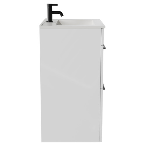 Napoli Gloss White 600mm Floor Standing Vanity Unit with 1 Tap Hole Minimalist Basin and 2 Drawers with Matt Black Handles View from Side