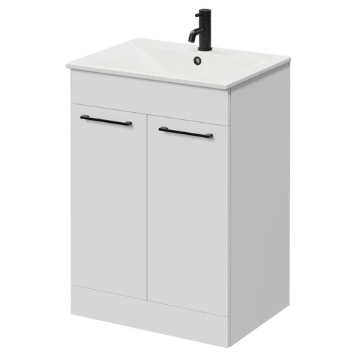 Napoli Gloss White 600mm Floor Standing Vanity Unit with 1 Tap Hole Minimalist Basin and 2 Doors with Matt Black Handles Right Hand View