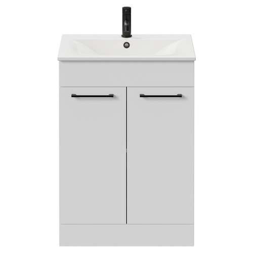 Napoli Gloss White 600mm Floor Standing Vanity Unit with 1 Tap Hole Minimalist Basin and 2 Doors with Matt Black Handles Front View