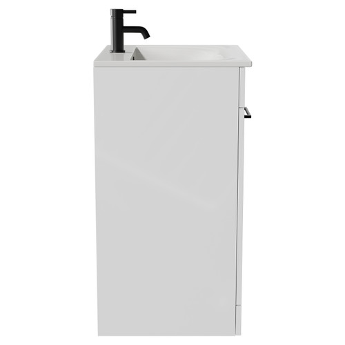 Napoli Gloss White 600mm Floor Standing Vanity Unit with 1 Tap Hole Minimalist Basin and 2 Doors with Matt Black Handles Side View