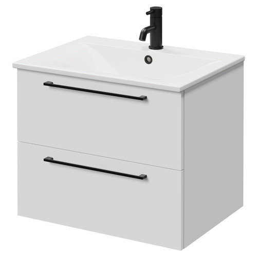Napoli Gloss White 600mm Wall Mounted Vanity Unit with 1 Tap Hole Minimalist Basin and 2 Drawers with Matt Black Handles Right Hand View