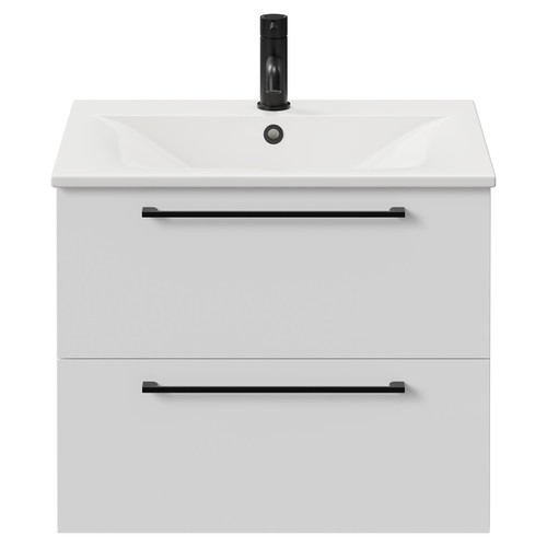 Napoli Gloss White 600mm Wall Mounted Vanity Unit with 1 Tap Hole Minimalist Basin and 2 Drawers with Matt Black Handles Front View