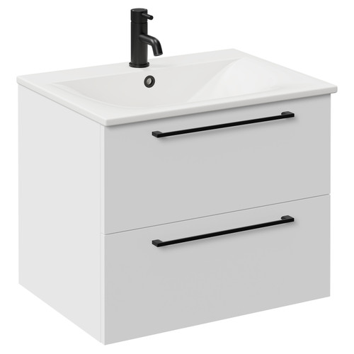 Napoli Gloss White 600mm Wall Mounted Vanity Unit with 1 Tap Hole Minimalist Basin and 2 Drawers with Matt Black Handles Left Hand View