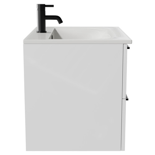 Napoli Gloss White 600mm Wall Mounted Vanity Unit with 1 Tap Hole Minimalist Basin and 2 Drawers with Matt Black Handles Side View