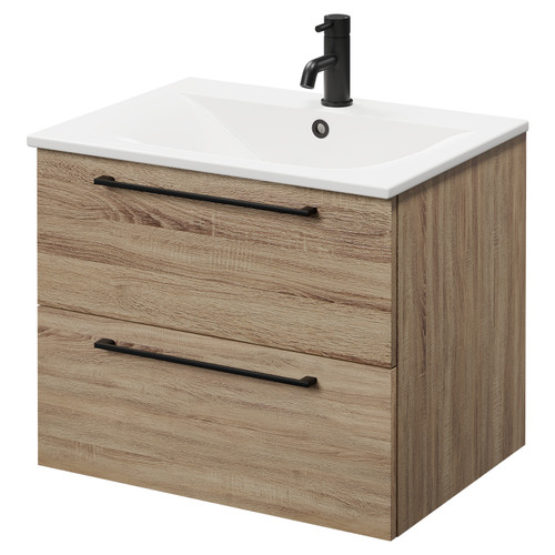 Napoli Bordalino Oak 600mm Wall Mounted Vanity Unit with 1 Tap Hole Minimalist Basin and 2 Drawers with Matt Black Handles Right Hand View