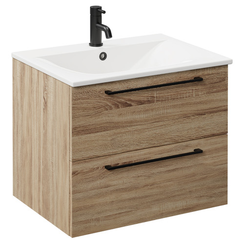Napoli Bordalino Oak 600mm Wall Mounted Vanity Unit with 1 Tap Hole Minimalist Basin and 2 Drawers with Matt Black Handles Left Hand View