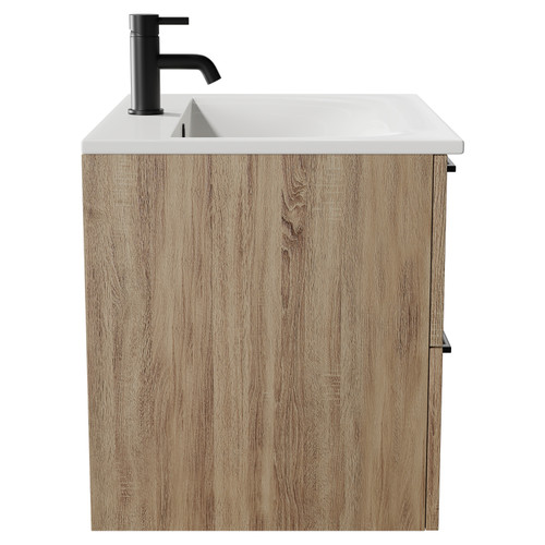 Napoli Bordalino Oak 600mm Wall Mounted Vanity Unit with 1 Tap Hole Minimalist Basin and 2 Drawers with Matt Black Handles Side View