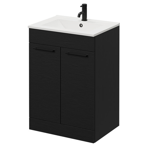 Napoli Nero Oak 600mm Floor Standing Vanity Unit with 1 Tap Hole Minimalist Basin and 2 Doors with Matt Black Handles Right Hand View