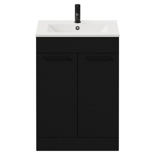 Napoli Nero Oak 600mm Floor Standing Vanity Unit with 1 Tap Hole Minimalist Basin and 2 Doors with Matt Black Handles View from Front