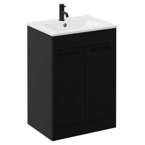 Napoli Nero Oak 600mm Floor Standing Vanity Unit with 1 Tap Hole Minimalist Basin and 2 Doors with Matt Black Handles Left Hand View