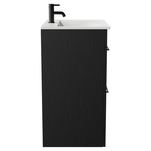 Napoli Nero Oak 600mm Floor Standing Vanity Unit with 1 Tap Hole Minimalist Basin and 2 Drawers with Matt Black Handles Side View
