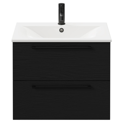 Napoli Nero Oak 600mm Wall Mounted Vanity Unit with 1 Tap Hole Minimalist Basin and 2 Drawers with Matt Black Handles Front View