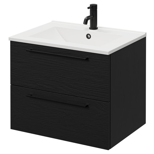 Napoli Nero Oak 600mm Wall Mounted Vanity Unit with 1 Tap Hole Minimalist Basin and 2 Drawers with Matt Black Handles Right Hand View Napoli Nero Oak 600mm Wall Mounted Vanity Unit with 1 Tap Hole Minimalist Basin and 2 Drawers with Matt Black Handles Right Hand View