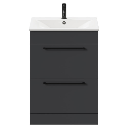 Napoli Gloss Grey 600mm Floor Standing Vanity Unit with 1 Tap Hole Minimalist Basin and 2 Drawers with Matt Black Handles Front View