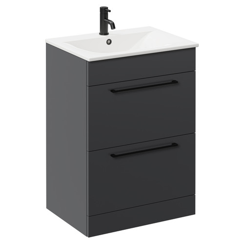 Napoli Gloss Grey 600mm Floor Standing Vanity Unit with 1 Tap Hole Minimalist Basin and 2 Drawers with Matt Black Handles Left Hand View