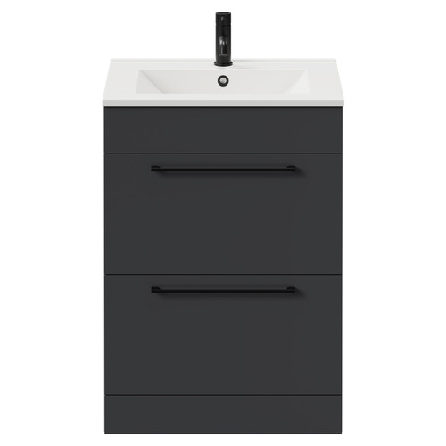 Napoli Gloss Grey 600mm Floor Standing Vanity Unit with 1 Tap Hole Minimalist Basin and 2 Drawers with Matt Black Handles View from Front