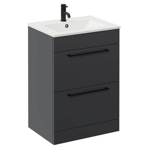 Napoli Gloss Grey 600mm Floor Standing Vanity Unit with 1 Tap Hole Minimalist Basin and 2 Drawers with Matt Black Handles Left Hand View