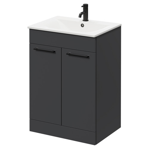 Napoli Gloss Grey 600mm Floor Standing Vanity Unit with 1 Tap Hole Minimalist Basin and 2 Doors with Matt Black Handles Right Hand View