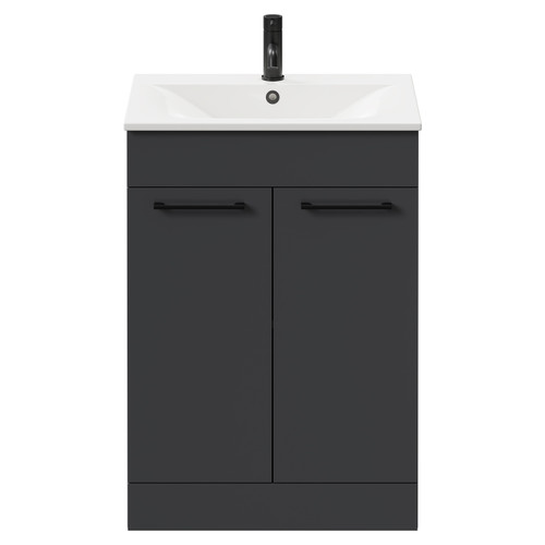 Napoli Gloss Grey 600mm Floor Standing Vanity Unit with 1 Tap Hole Minimalist Basin and 2 Doors with Matt Black Handles Front View