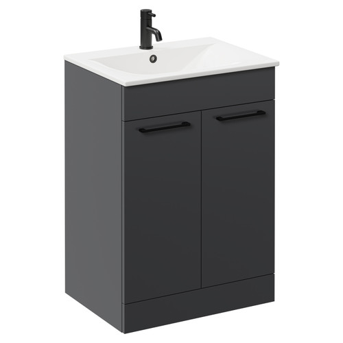 Napoli Gloss Grey 600mm Floor Standing Vanity Unit with 1 Tap Hole Minimalist Basin and 2 Doors with Matt Black Handles Left Hand View