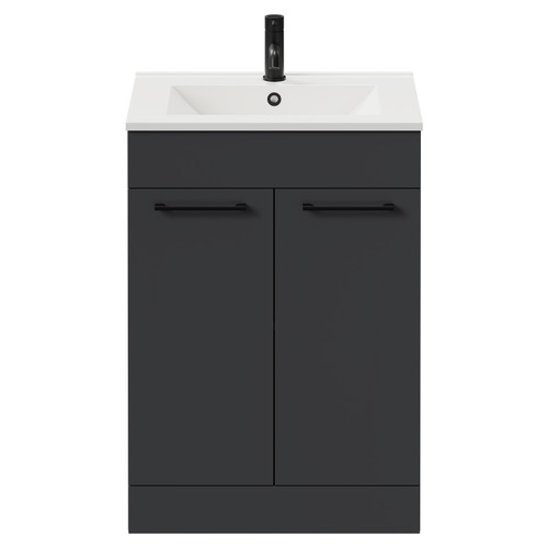 Napoli Gloss Grey 600mm Floor Standing Vanity Unit with 1 Tap Hole Minimalist Basin and 2 Doors with Matt Black Handles View from Front