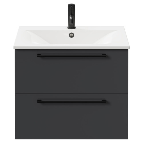 Napoli Gloss Grey 600mm Wall Mounted Vanity Unit with 1 Tap Hole Minimalist Basin and 2 Drawers with Matt Black Handles Front View
