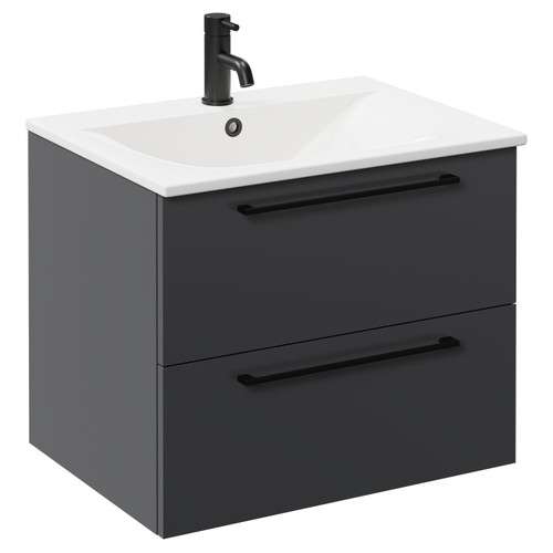 Napoli Gloss Grey 600mm Wall Mounted Vanity Unit with 1 Tap Hole Minimalist Basin and 2 Drawers with Matt Black Handles Left Hand View