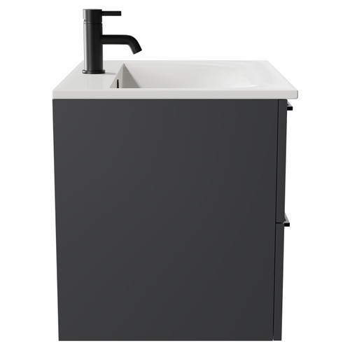 Napoli Gloss Grey 600mm Wall Mounted Vanity Unit with 1 Tap Hole Minimalist Basin and 2 Drawers with Matt Black Handles Side View