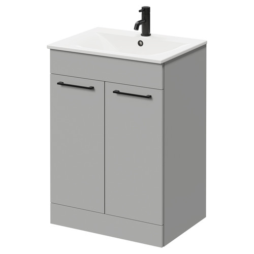 Napoli Gloss Grey Pearl 600mm Floor Standing Vanity Unit with 1 Tap Hole Minimalist Basin and 2 Doors with Matt Black Handles Right Hand View