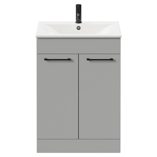 Napoli Gloss Grey Pearl 600mm Floor Standing Vanity Unit with 1 Tap Hole Minimalist Basin and 2 Doors with Matt Black Handles Front View