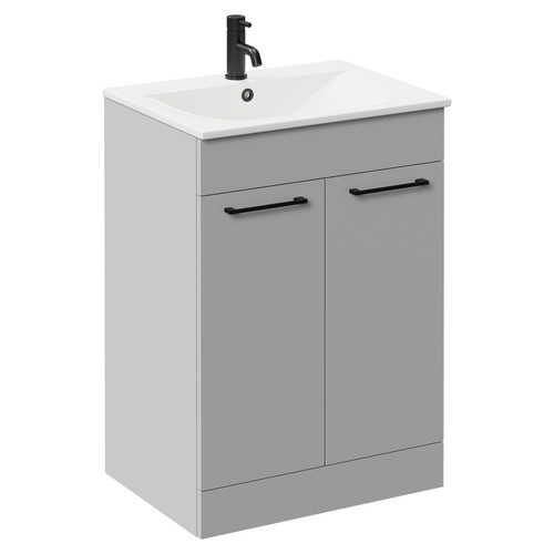 Napoli Gloss Grey Pearl 600mm Floor Standing Vanity Unit with 1 Tap Hole Minimalist Basin and 2 Doors with Matt Black Handles Left Hand View
