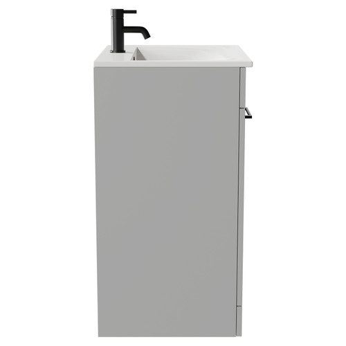 Napoli Gloss Grey Pearl 600mm Floor Standing Vanity Unit with 1 Tap Hole Minimalist Basin and 2 Doors with Matt Black Handles Side View