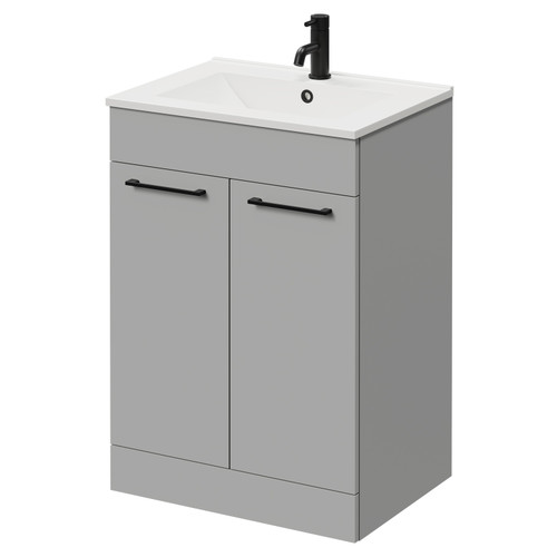 Napoli Gloss Grey Pearl 600mm Floor Standing Vanity Unit with 1 Tap Hole Minimalist Basin and 2 Doors with Matt Black Handles Right Hand View