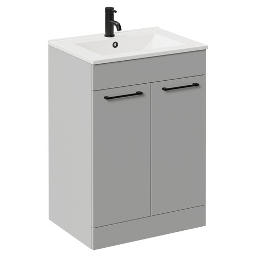 Napoli Gloss Grey Pearl 600mm Floor Standing Vanity Unit with 1 Tap Hole Minimalist Basin and 2 Doors with Matt Black Handles Left Hand View