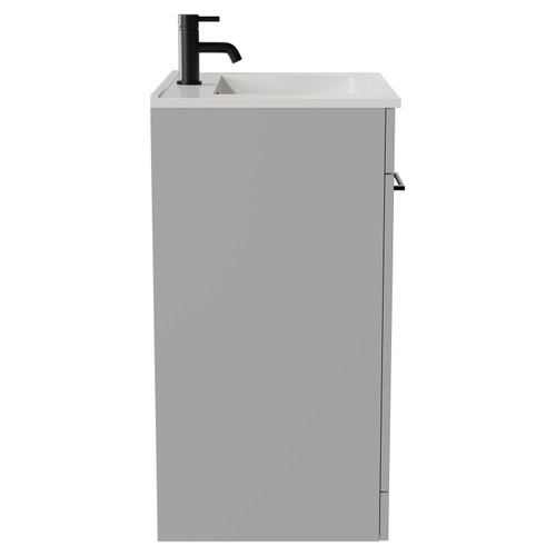 Napoli Gloss Grey Pearl 600mm Floor Standing Vanity Unit with 1 Tap Hole Minimalist Basin and 2 Doors with Matt Black Handles View from Side