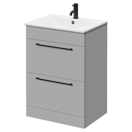 Napoli Gloss Grey Pearl 600mm Floor Standing Vanity Unit with 1 Tap Hole Minimalist Basin and 2 Drawers with Matt Black Handles Right Hand View