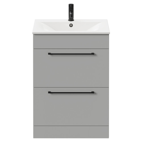 Napoli Gloss Grey Pearl 600mm Floor Standing Vanity Unit with 1 Tap Hole Minimalist Basin and 2 Drawers with Matt Black Handles Front View