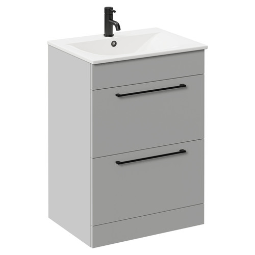 Napoli Gloss Grey Pearl 600mm Floor Standing Vanity Unit with 1 Tap Hole Minimalist Basin and 2 Drawers with Matt Black Handles Left Hand View