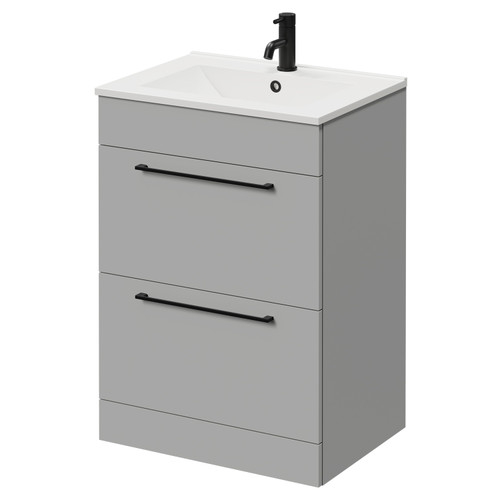 Napoli Gloss Grey Pearl 600mm Floor Standing Vanity Unit with 1 Tap Hole Minimalist Basin and 2 Drawers with Matt Black Handles Right Hand View