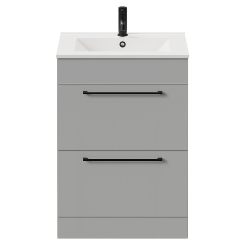 Napoli Gloss Grey Pearl 600mm Floor Standing Vanity Unit with 1 Tap Hole Minimalist Basin and 2 Drawers with Matt Black Handles View from Front