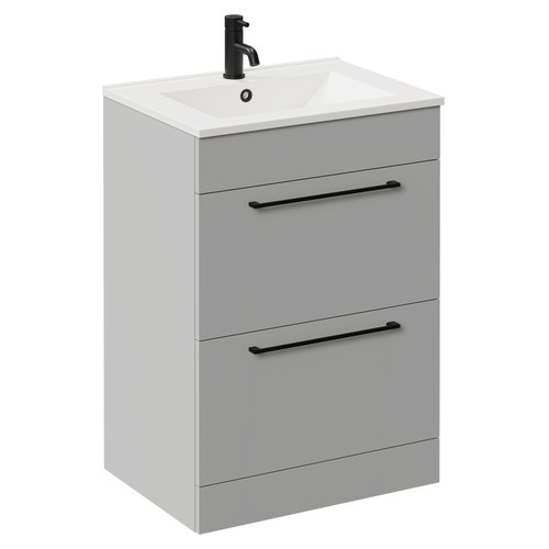 Napoli Gloss Grey Pearl 600mm Floor Standing Vanity Unit with 1 Tap Hole Minimalist Basin and 2 Drawers with Matt Black Handles Left Hand View