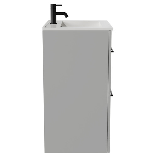 Napoli Gloss Grey Pearl 600mm Floor Standing Vanity Unit with 1 Tap Hole Minimalist Basin and 2 Drawers with Matt Black Handles View from Side