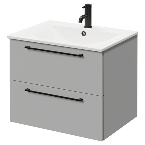 Napoli Gloss Grey Pearl 600mm Wall Mounted Vanity Unit with 1 Tap Hole Minimalist Basin and 2 Drawers with Matt Black Handles Right Hand View
