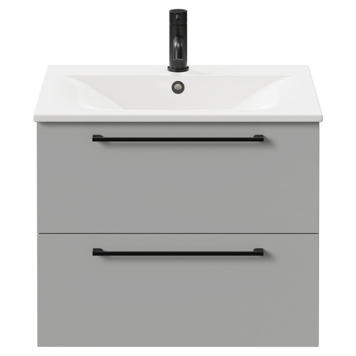 Napoli Gloss Grey Pearl 600mm Wall Mounted Vanity Unit with 1 Tap Hole Minimalist Basin and 2 Drawers with Matt Black Handles Front View