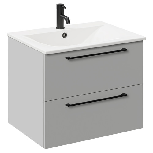 Napoli Gloss Grey Pearl 600mm Wall Mounted Vanity Unit with 1 Tap Hole Minimalist Basin and 2 Drawers with Matt Black Handles Left Hand View