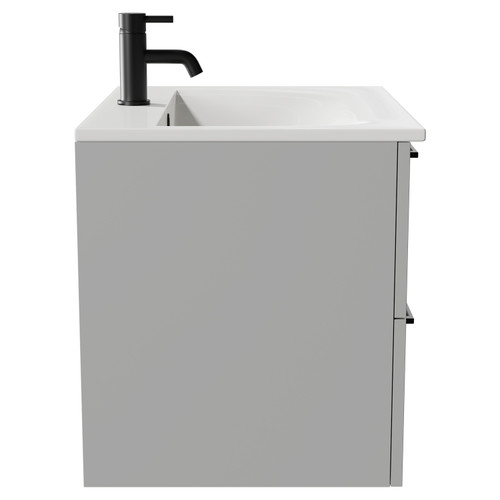 Napoli Gloss Grey Pearl 600mm Wall Mounted Vanity Unit with 1 Tap Hole Minimalist Basin and 2 Drawers with Matt Black Handles Side View