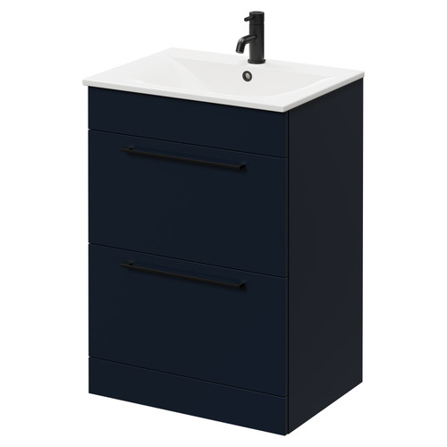 Napoli Deep Blue 600mm Floor Standing Vanity Unit with 1 Tap Hole Minimalist Basin and 2 Drawers with Matt Black Handles Right Hand View