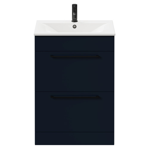 Napoli Deep Blue 600mm Floor Standing Vanity Unit with 1 Tap Hole Minimalist Basin and 2 Drawers with Matt Black Handles Front View