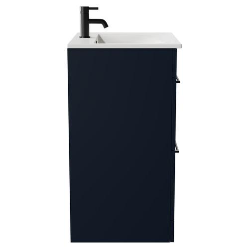 Napoli Deep Blue 600mm Floor Standing Vanity Unit with 1 Tap Hole Minimalist Basin and 2 Drawers with Matt Black Handles Side View